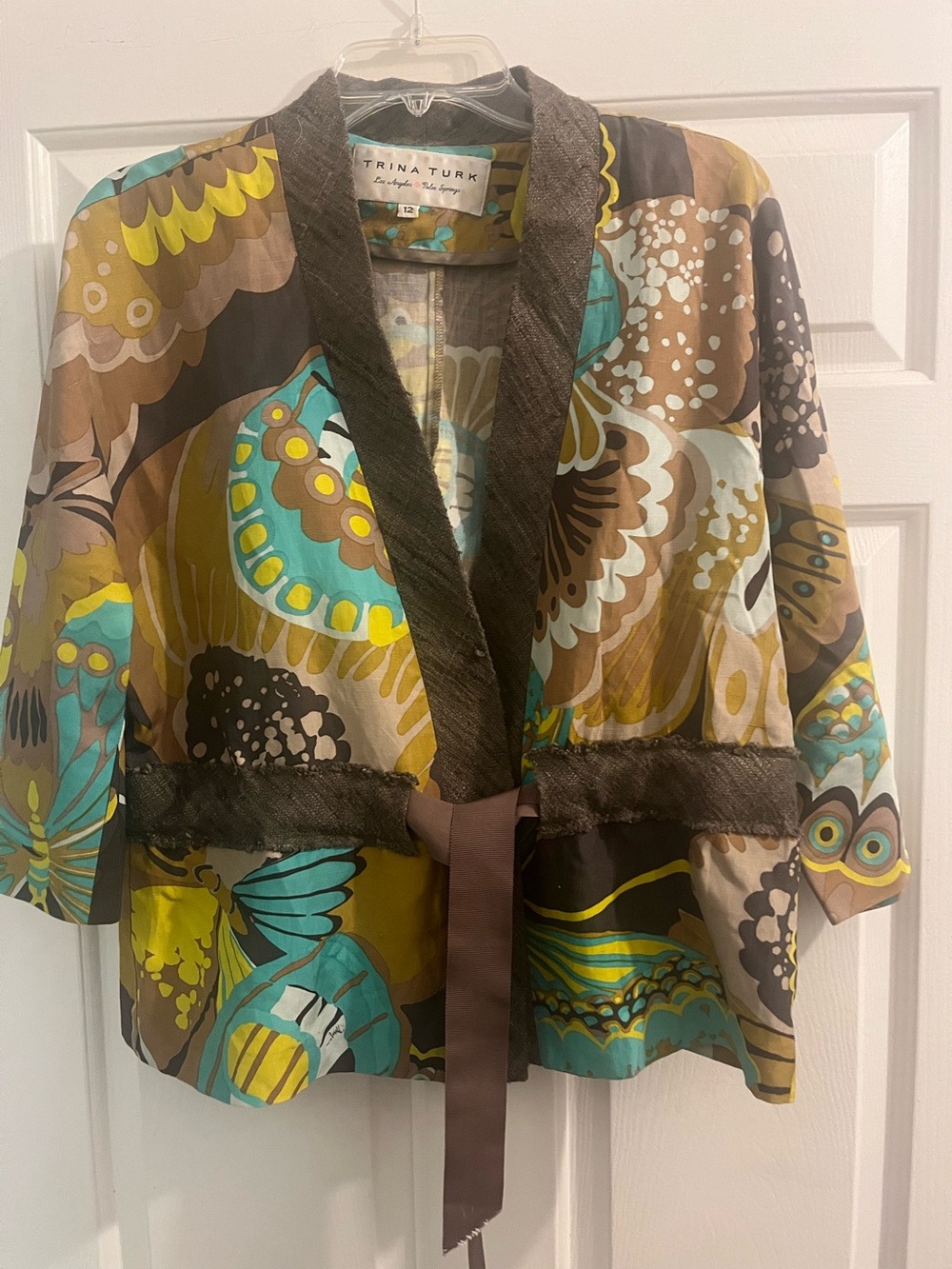 Trina Turk Multicolor Floral-Print Kimono Jacket - Teal, Brown & Yellow